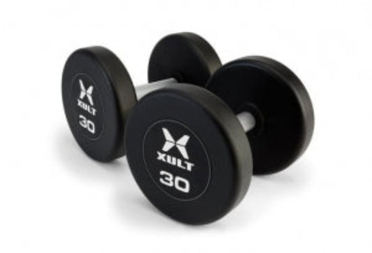 Johnson Health Tech XULT Urethane Round Dumbbells - XULT Urethane Round Dumbbell Pair, Black, 95 lb. - XT-095URE-RND