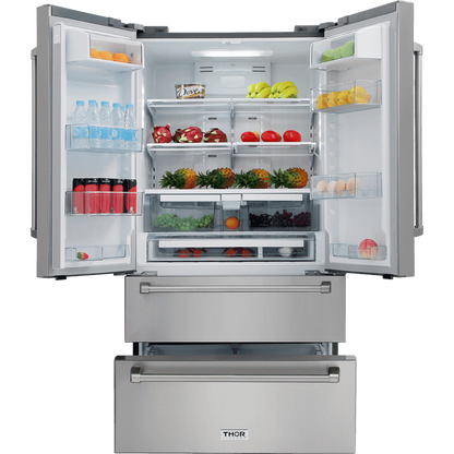 Thor Kitchen Appliance Package - 36 in. Natural Gas Range, Range Hood, Refrigerator, Dishwasher, Wine Cooler, AP-LRG3601U-4