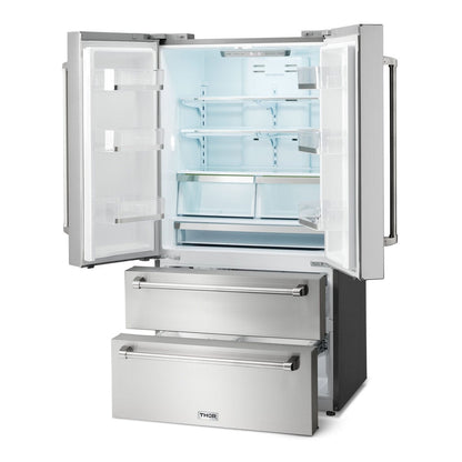 Thor Kitchen Appliance Package - 36 In. Natural Gas Range, Range Hood, Refrigerator, Dishwasher, Wine Cooler, AP-TRG3601-4
